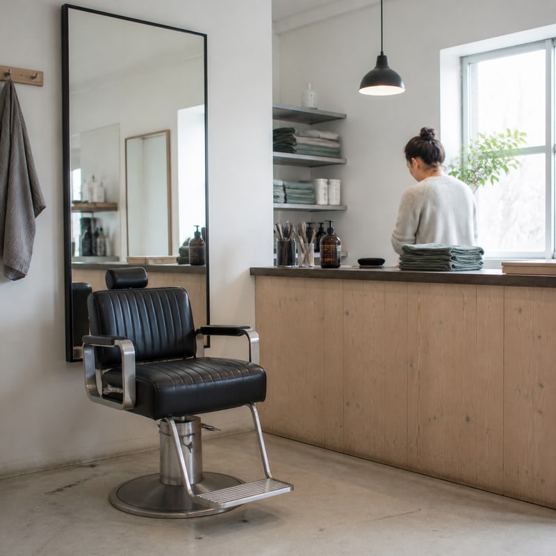 A small barber reception with a waiting chair, desk, magazines and grooming tools.