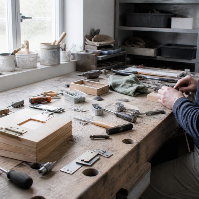 A workbench in genuine working disorder, tools and part-finished work.